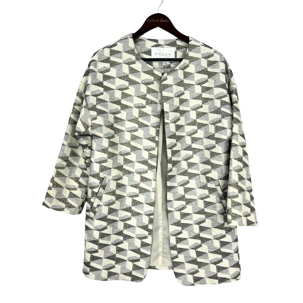 FRNCH Womens Open Jacket Metallic Ivory Silver Gold Medium Large Anthropologie